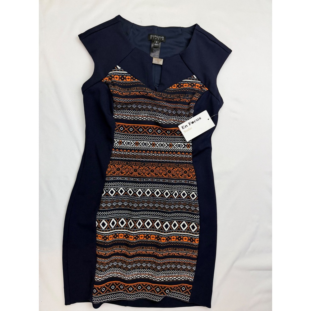 En Focus Studio Navy Blue Orange Tribal Print Cap Sleeve Sheath Dress Size 6 NEW